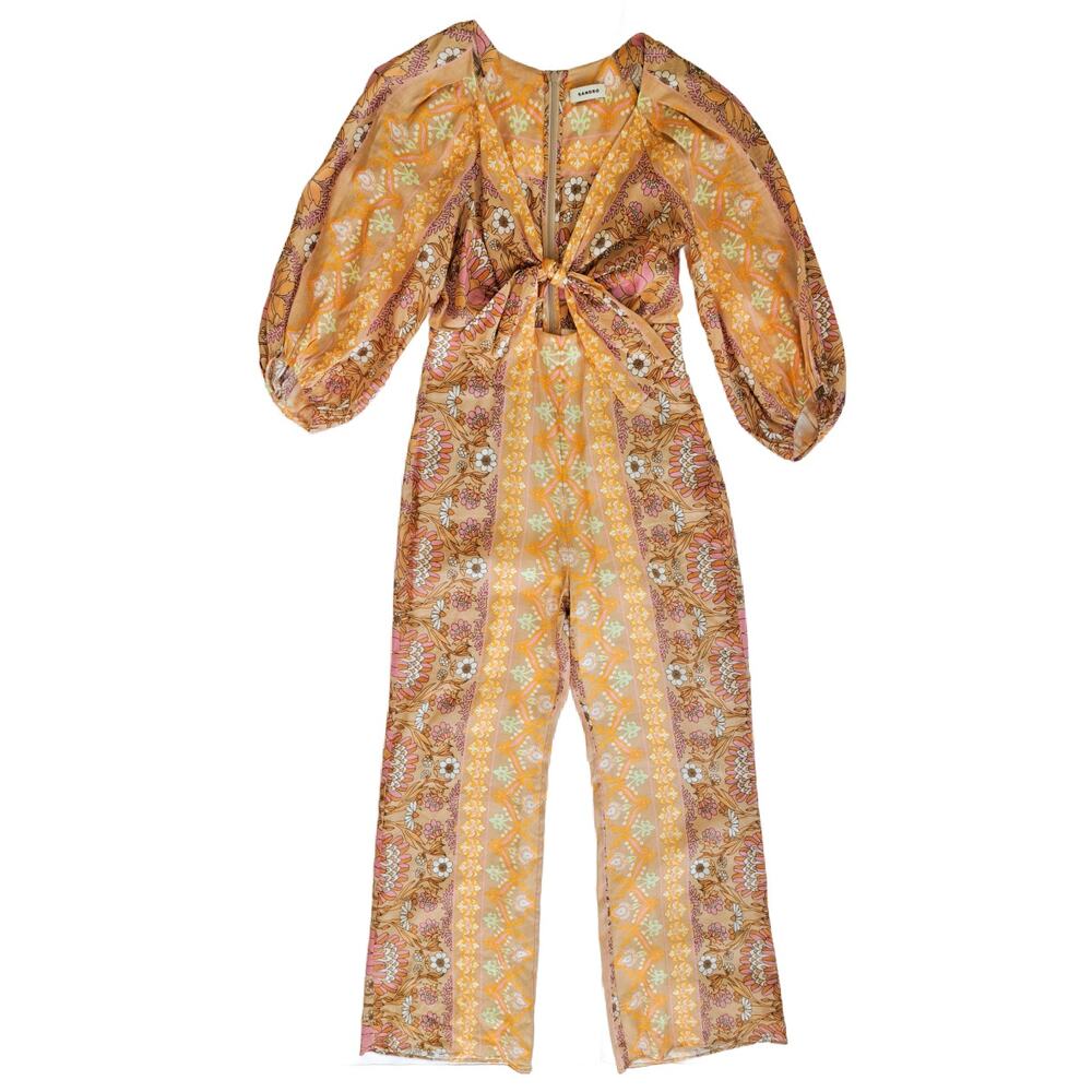 SANDRO Dieppe Printed Wide Leg Jumpsuit Size 36/4 Tan Retro Floral Cutout Plunge - Picture 8 of 11